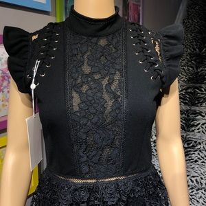 River Island Black Lacey Ruffle Lace Up Dress